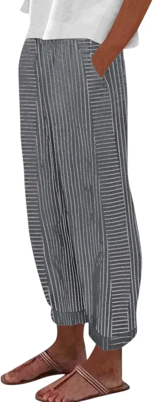 Womens Pants, Straight Leg Peasant Pants 2025 Casual Linen Stripe Wide Cotton
