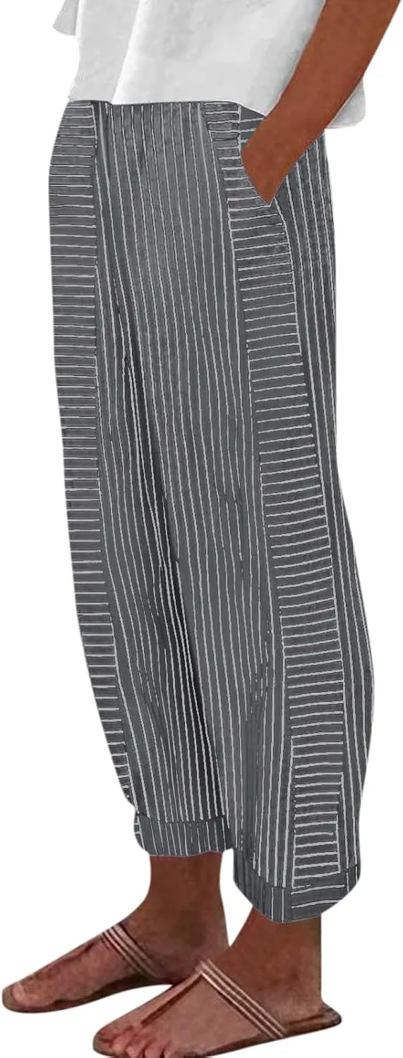 Womens Pants, Straight Leg Peasant Pants 2025 Casual Linen Stripe Wide Cotton
