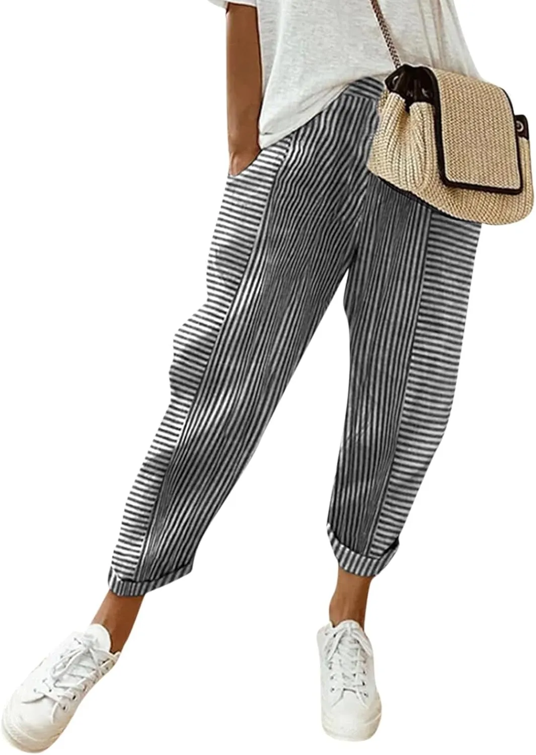 Womens Pants, Straight Leg Peasant Pants 2025 Casual Linen Stripe Wide Cotton