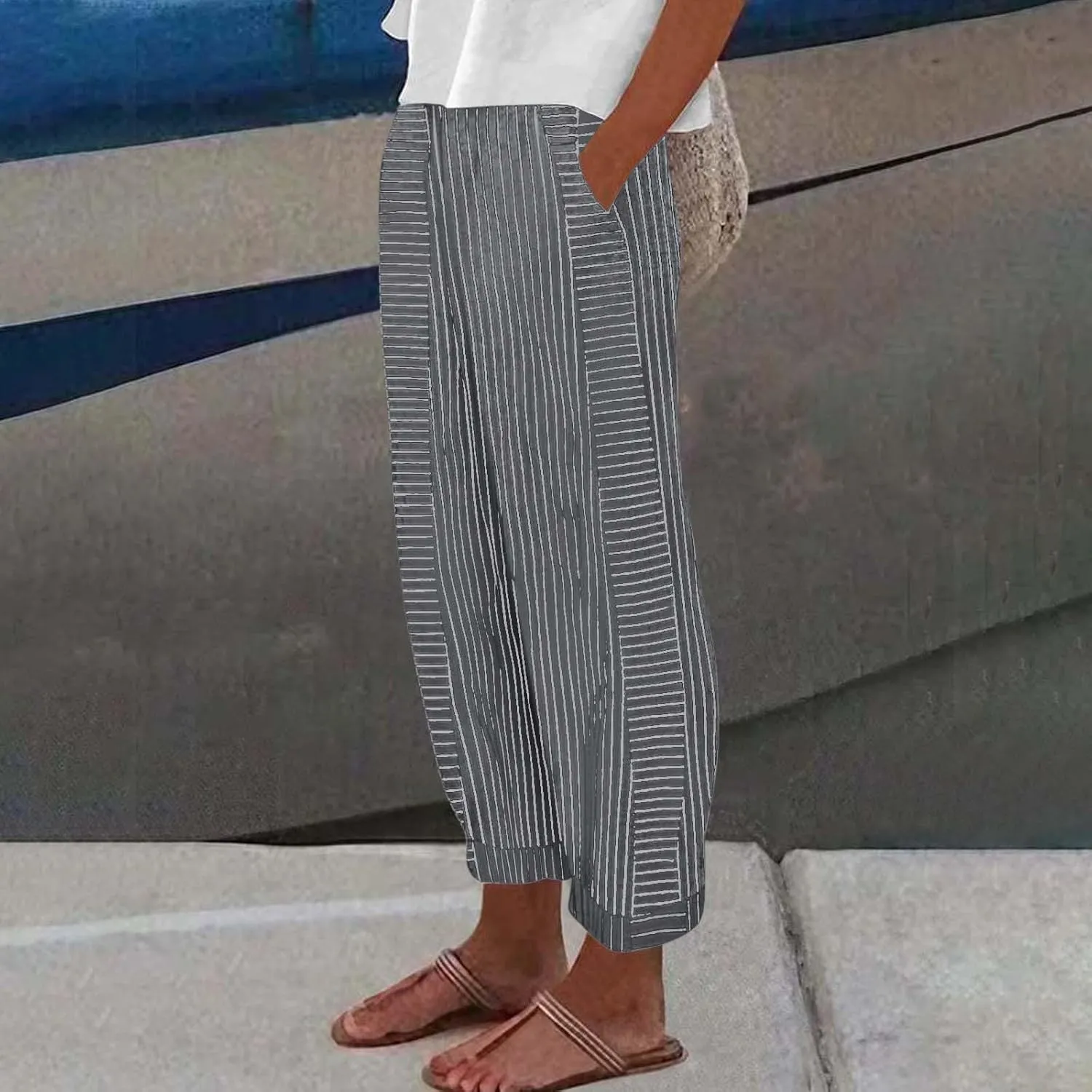 Womens Pants, Straight Leg Peasant Pants 2025 Casual Linen Stripe Wide Cotton