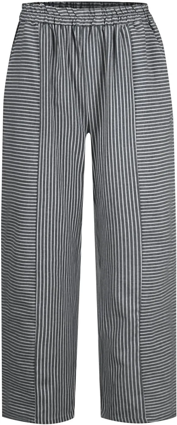 Womens Pants, Straight Leg Peasant Pants 2025 Casual Linen Stripe Wide Cotton