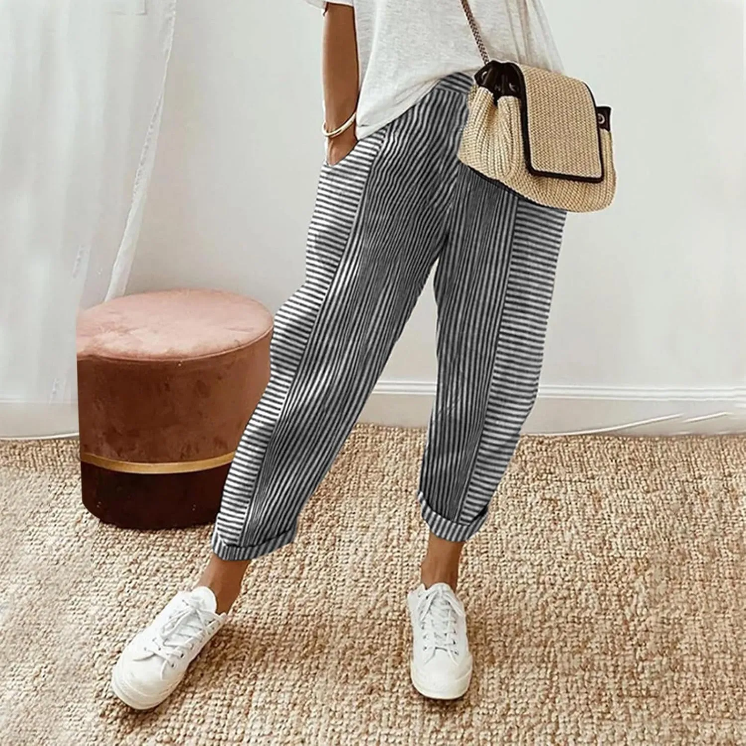 Womens Pants, Straight Leg Peasant Pants 2025 Casual Linen Stripe Wide Cotton