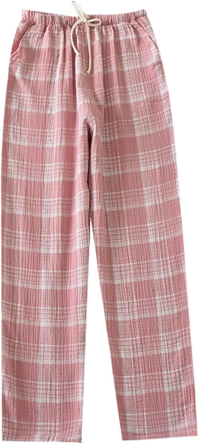 Womens Plaid Printed Pants High Waist Drawstring Elastic Waist Straight Wide Leg Trousers Loose Casual Trousers with Pockets