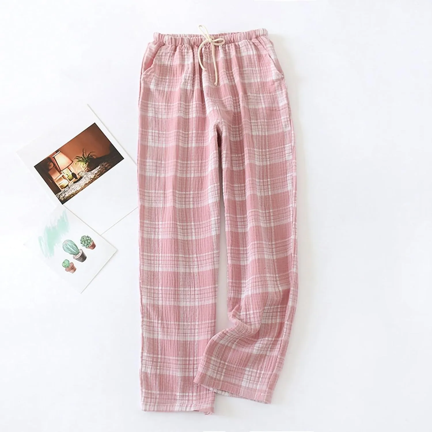 Womens Plaid Printed Pants High Waist Drawstring Elastic Waist Straight Wide Leg Trousers Loose Casual Trousers with Pockets