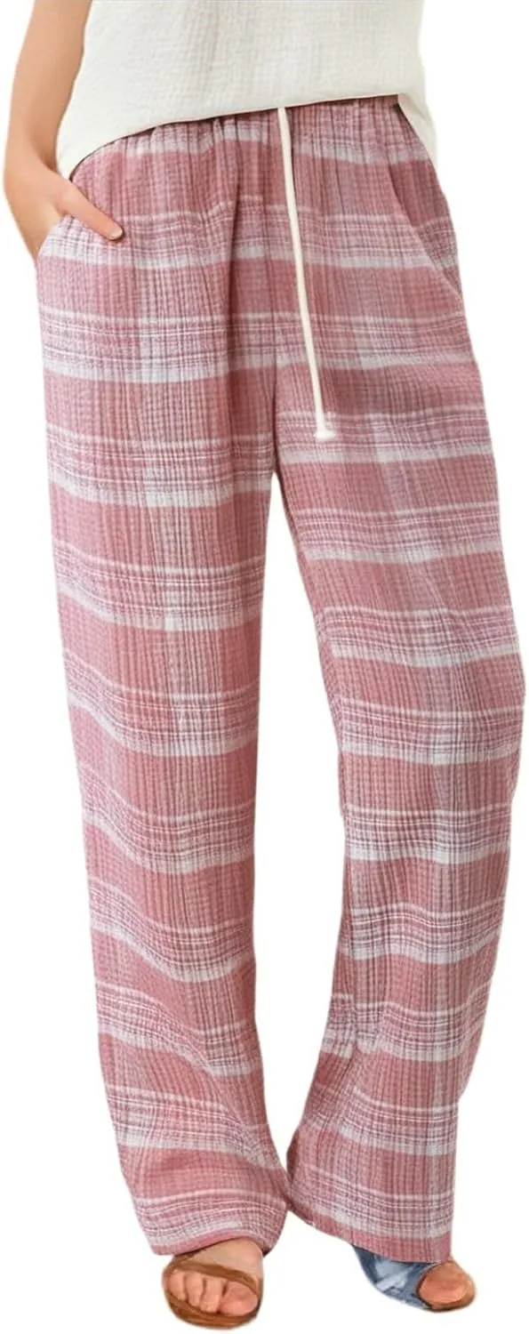 Womens Plaid Printed Pants High Waist Drawstring Elastic Waist Straight Wide Leg Trousers Loose Casual Trousers with Pockets