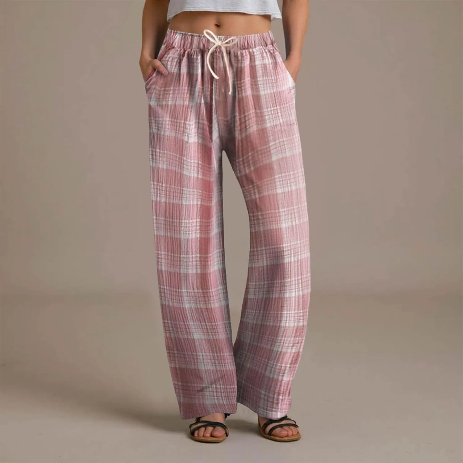 Womens Plaid Printed Pants High Waist Drawstring Elastic Waist Straight Wide Leg Trousers Loose Casual Trousers with Pockets
