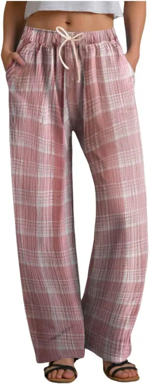 Womens Plaid Printed Pants High Waist Drawstring Elastic Waist Straight Wide Leg Trousers Loose Casual Trousers with Pockets