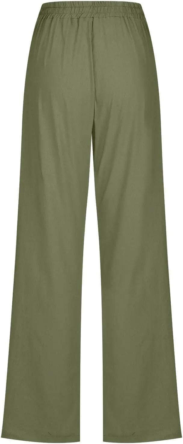 Women's Plus Size Linen Pans Straight Leg Casual Work Pants High Waisted Comfy Summer Pants Lightweight Lounge Pants