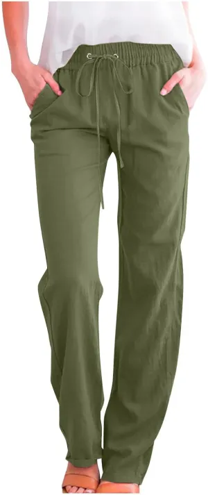 Women's Plus Size Linen Pans Straight Leg Casual Work Pants High Waisted Comfy Summer Pants Lightweight Lounge Pants