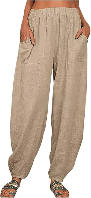 Womens Plus Size Linen Pants Casual High Waist Wide Leg Trousers Summer Trendy Loose Fit Harem Palazzo with Pocket