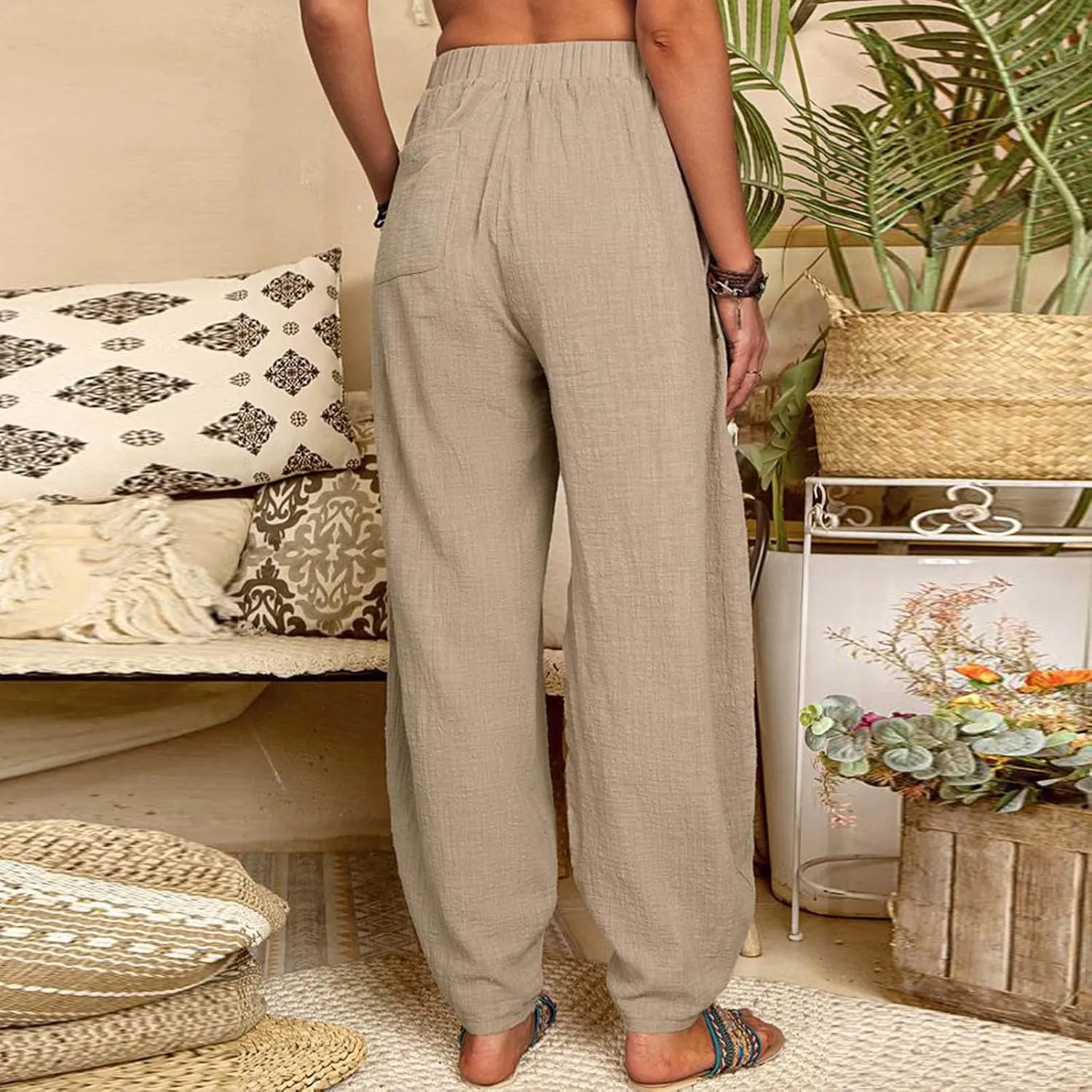 Womens Plus Size Linen Pants Casual High Waist Wide Leg Trousers Summer Trendy Loose Fit Harem Palazzo with Pocket