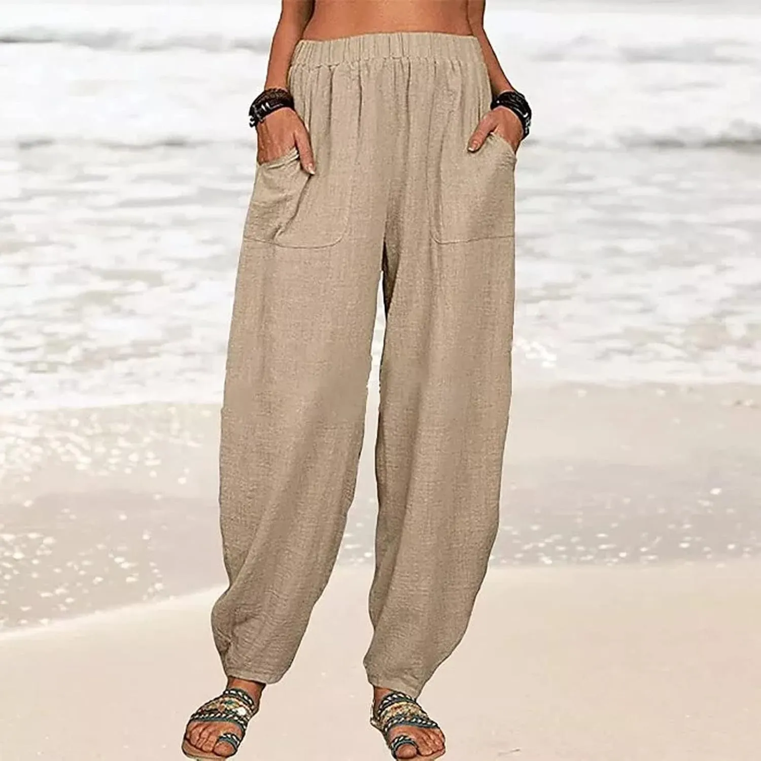 Womens Plus Size Linen Pants Casual High Waist Wide Leg Trousers Summer Trendy Loose Fit Harem Palazzo with Pocket