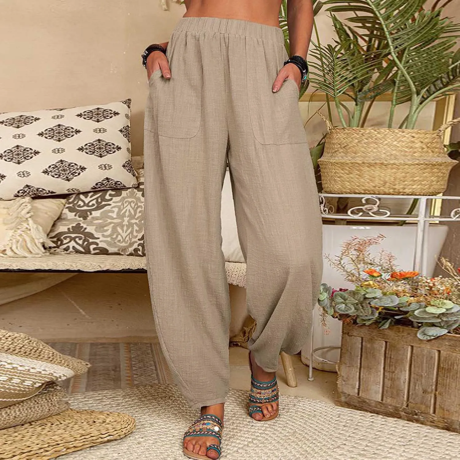 Womens Plus Size Linen Pants Casual High Waist Wide Leg Trousers Summer Trendy Loose Fit Harem Palazzo with Pocket