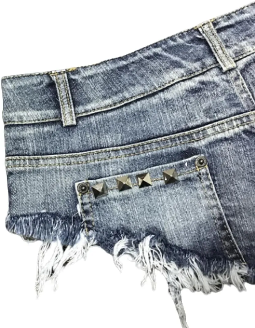 Women's Punk Denim Shorts Fringed Hem Silver Rivets Hot Pants S-2XL