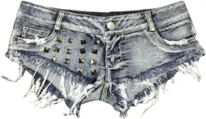 Women's Punk Denim Shorts Fringed Hem Silver Rivets Hot Pants S-2XL
