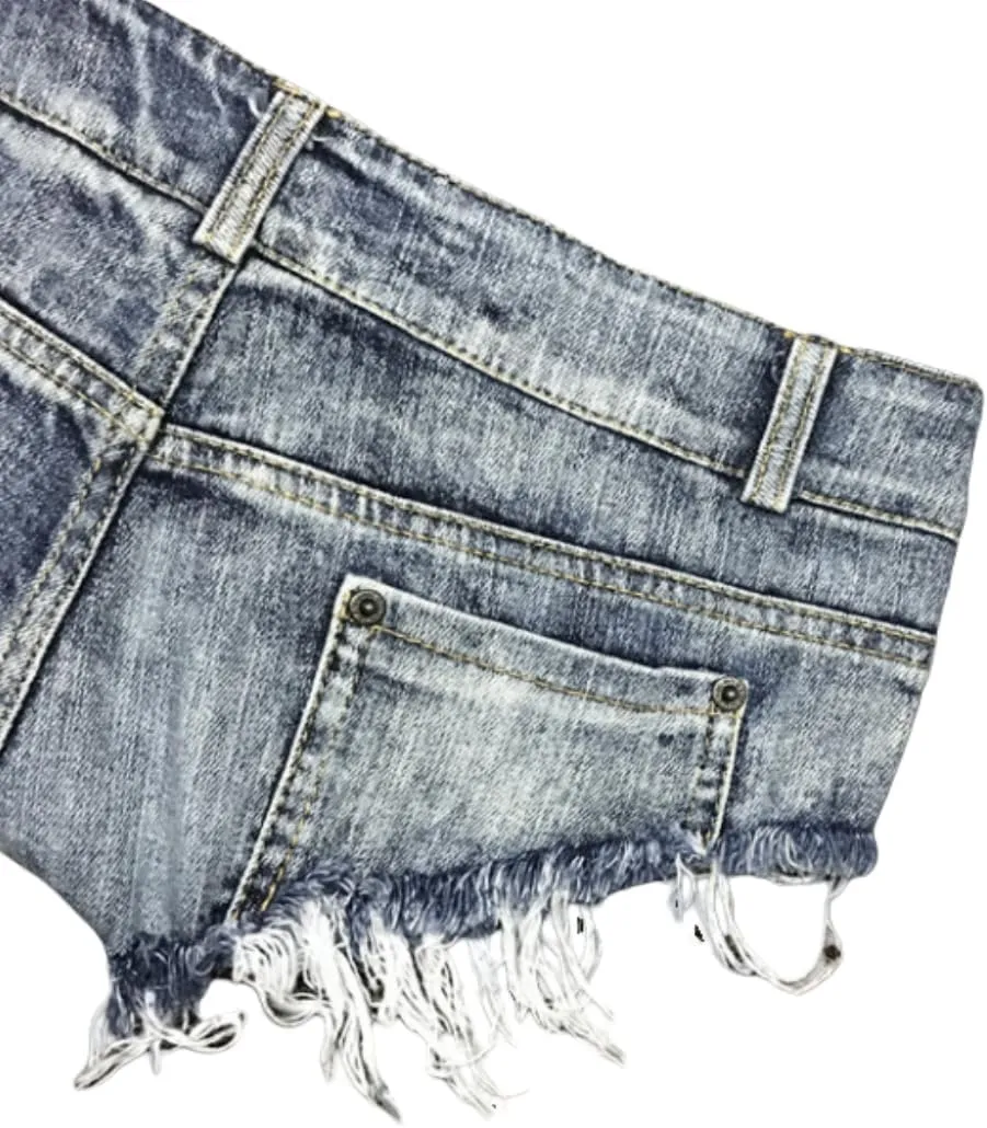 Women's Punk Denim Shorts Fringed Hem Silver Rivets Hot Pants S-2XL