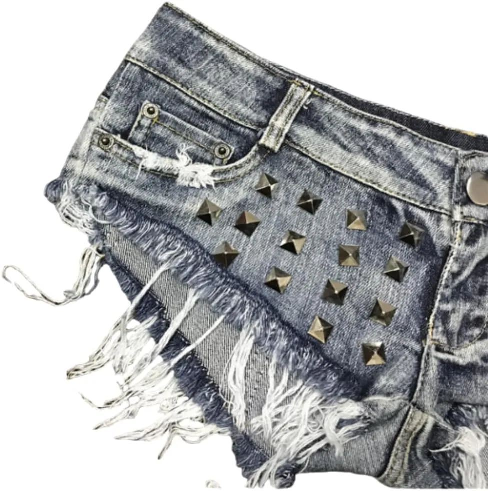 Women's Punk Denim Shorts Fringed Hem Silver Rivets Hot Pants S-2XL