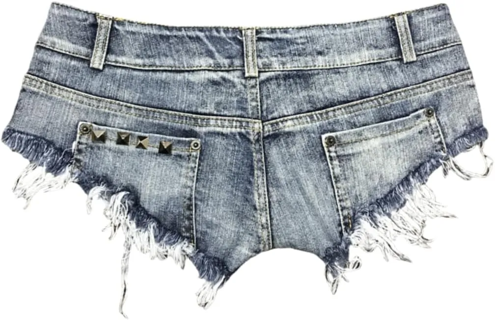 Women's Punk Denim Shorts Fringed Hem Silver Rivets Hot Pants S-2XL