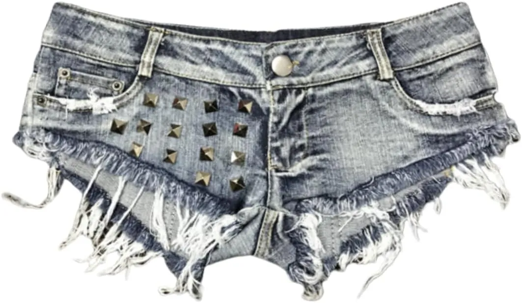 Women's Punk Denim Shorts Fringed Hem Silver Rivets Hot Pants S-2XL