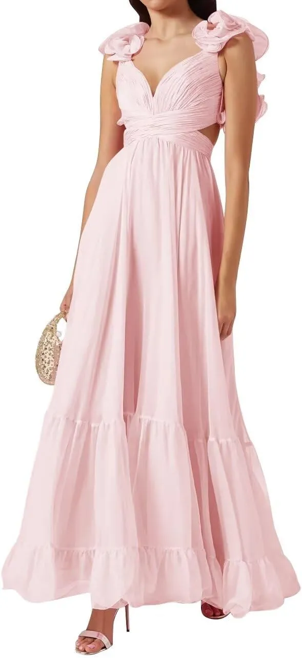 Women's Ruffle Chiffon Prom Dresses V Neck A Line Long Bridesmaid Dresses Tiered Backless Formal Evening Gown