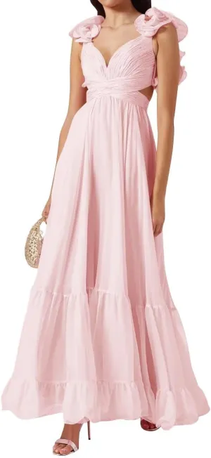 Women's Ruffle Chiffon Prom Dresses V Neck A Line Long Bridesmaid Dresses Tiered Backless Formal Evening Gown