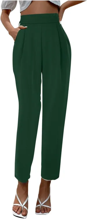 Women's Satin High Waist Pants Casual Pleated Loose Business Trousers Straight Leg Office Slacks Pants with Pockets