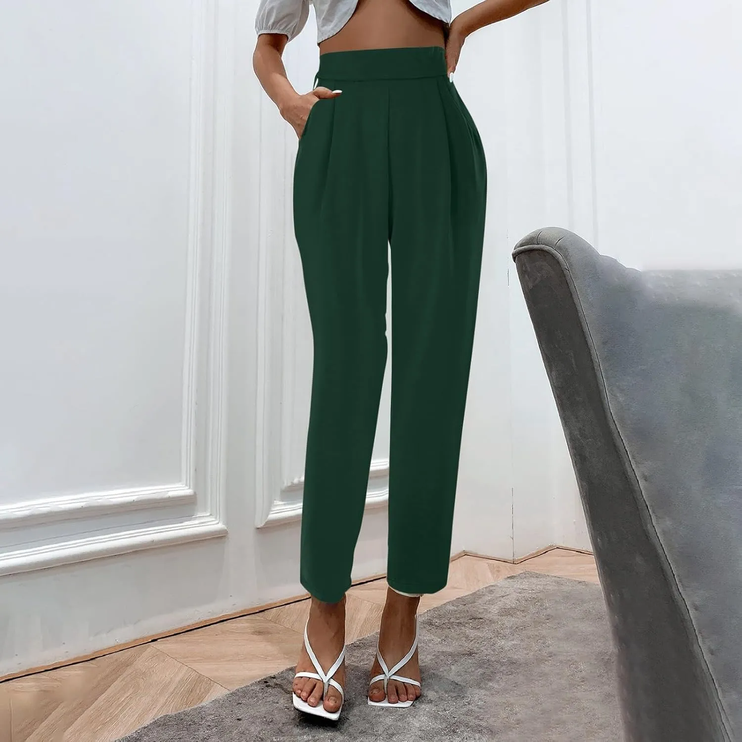 Women's Satin High Waist Pants Casual Pleated Loose Business Trousers Straight Leg Office Slacks Pants with Pockets