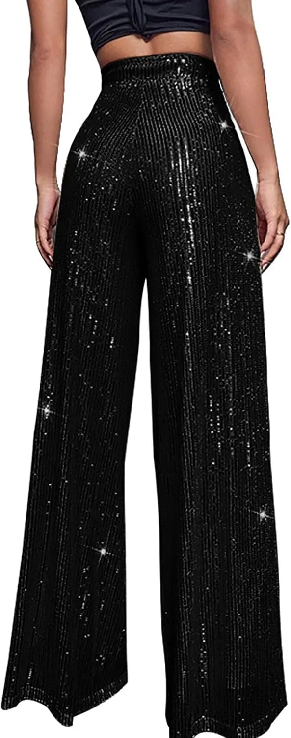 Womens Sequin Flare Pant Women's High Waisted Sequin Loose Drape Wide Leg Pants Fashion Casual Lounge Workout