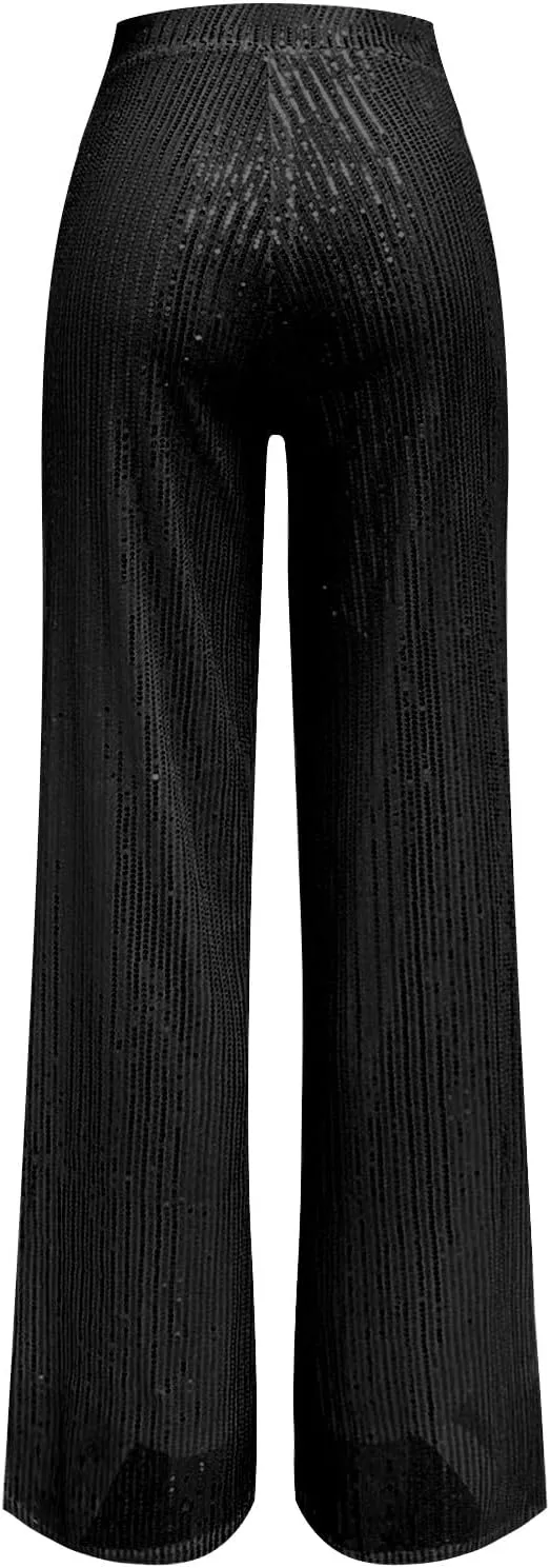 Womens Sequin Flare Pant Women's High Waisted Sequin Loose Drape Wide Leg Pants Fashion Casual Lounge Workout