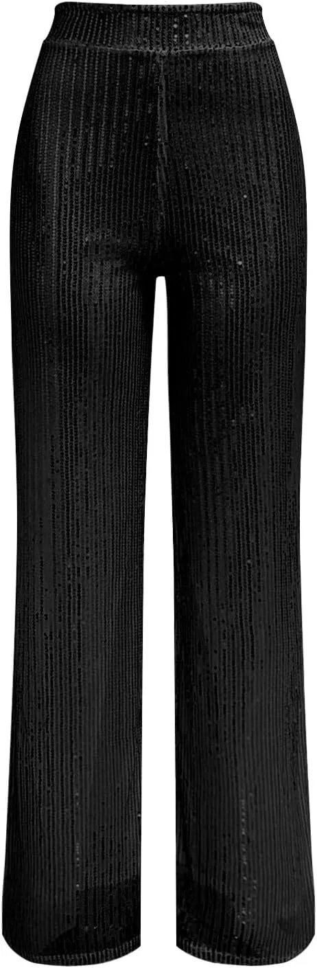 Womens Sequin Flare Pant Women's High Waisted Sequin Loose Drape Wide Leg Pants Fashion Casual Lounge Workout