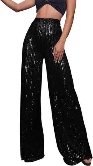 Womens Sequin Flare Pant Women's High Waisted Sequin Loose Drape Wide Leg Pants Fashion Casual Lounge Workout