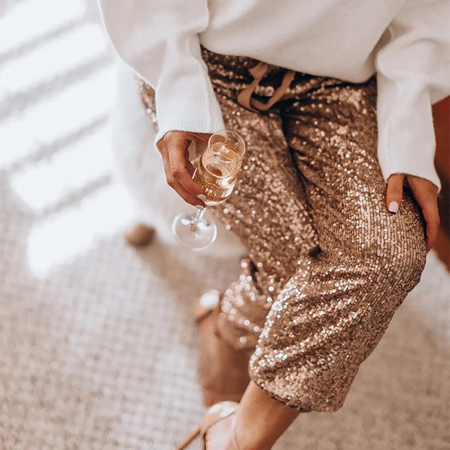 Womens Sequin Jogging Pants Sparkly High Waist Drawstring Sweatpants Elastic Waist Loose Fit Shiny Glitter Trousers