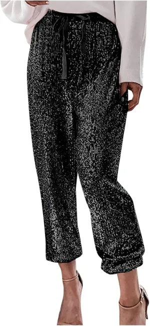 Womens Sequin Jogging Pants Sparkly High Waist Drawstring Sweatpants Elastic Waist Loose Fit Shiny Glitter Trousers