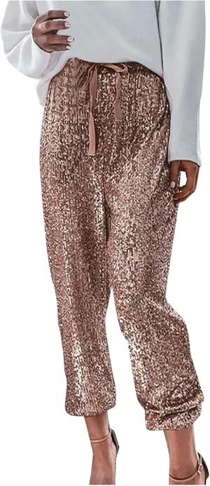 Womens Sequin Jogging Pants Sparkly High Waist Drawstring Sweatpants Elastic Waist Loose Fit Shiny Glitter Trousers