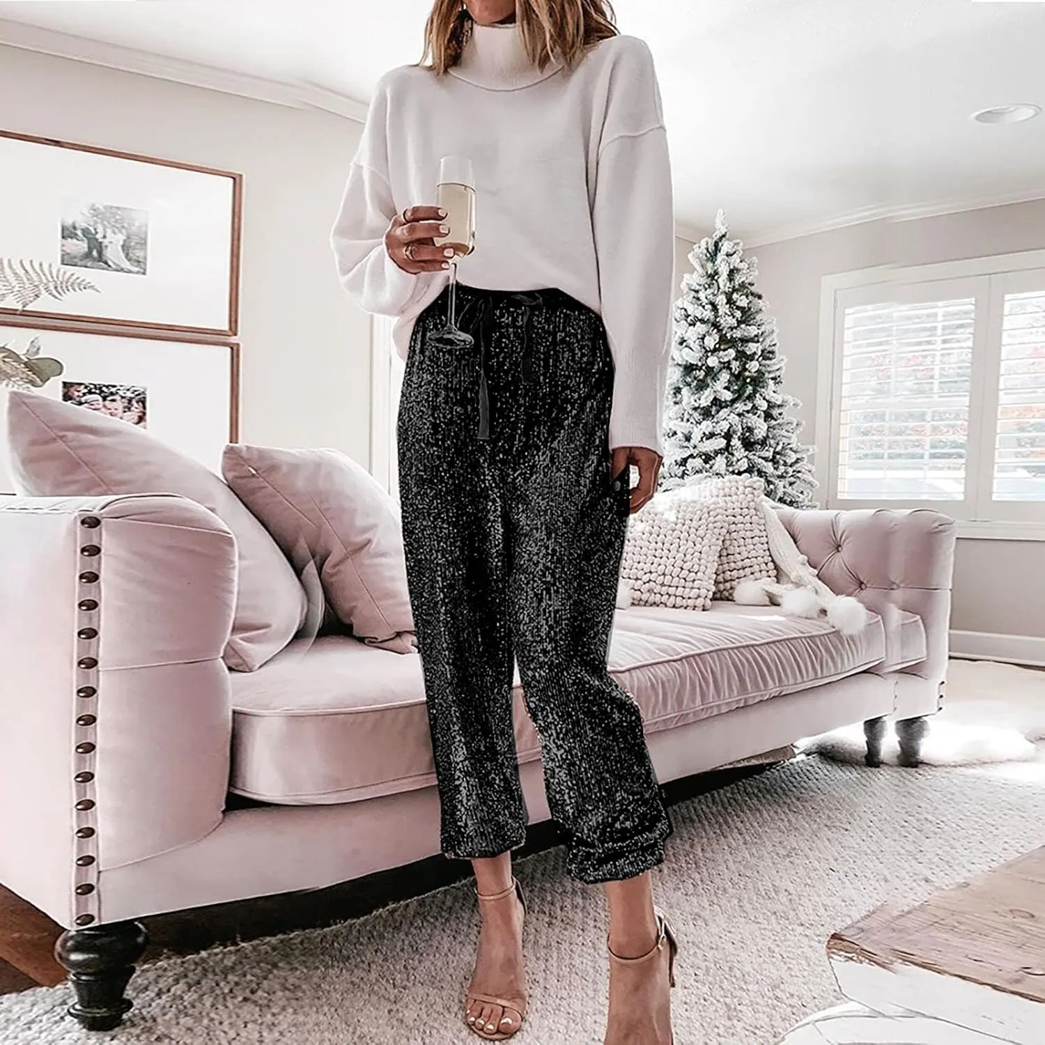 Womens Sequin Jogging Pants Sparkly High Waist Drawstring Sweatpants Elastic Waist Loose Fit Shiny Glitter Trousers