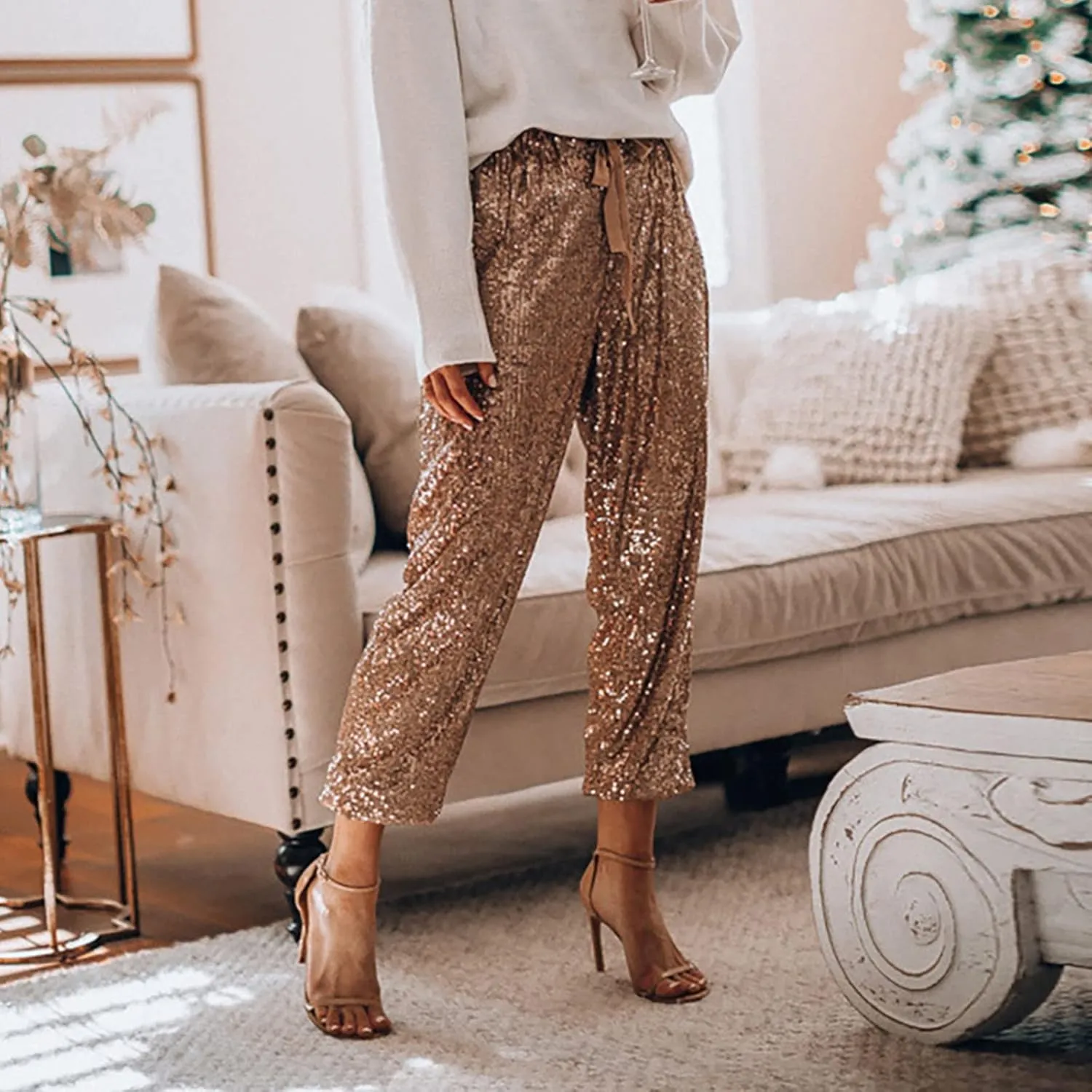 Womens Sequin Jogging Pants Sparkly High Waist Drawstring Sweatpants Elastic Waist Loose Fit Shiny Glitter Trousers