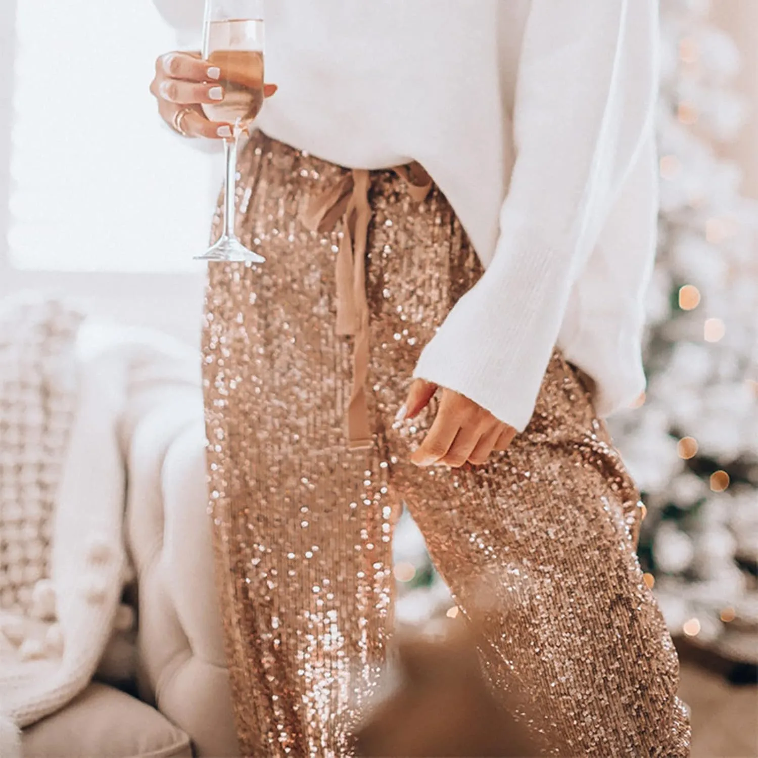 Womens Sequin Jogging Pants Sparkly High Waist Drawstring Sweatpants Elastic Waist Loose Fit Shiny Glitter Trousers