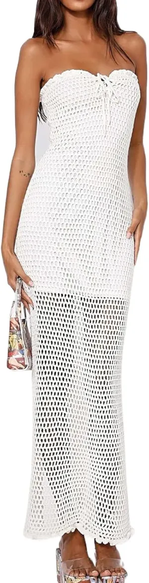 Women's Sexy Hollow Out Maxi Dress Summer Y2k Sleeveless Backless Knit Long Bodycon Dress Night Out Club Party Streetwear