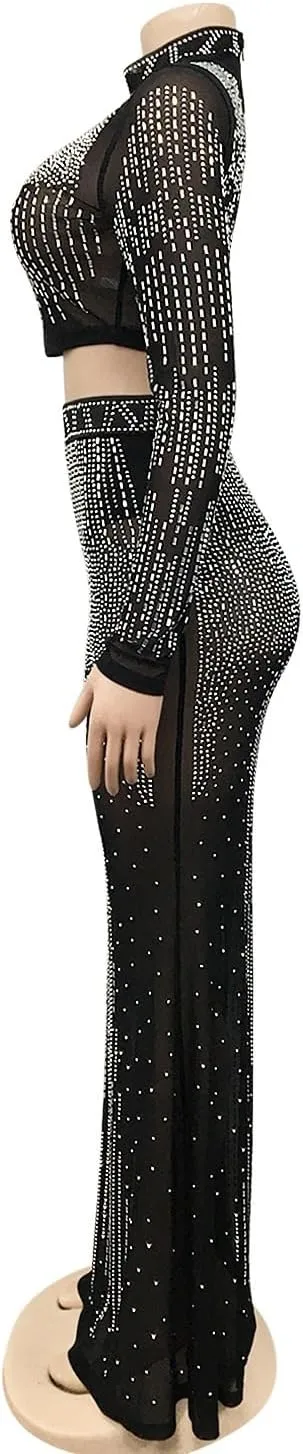 Women's Sexy Mesh See Through 2 Pieces Outfits Sparkling Rhinestone Long Sleeves Crop Tops And Bodycon Maxi Skirt Set