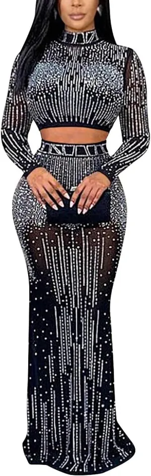 Women's Sexy Mesh See Through 2 Pieces Outfits Sparkling Rhinestone Long Sleeves Crop Tops And Bodycon Maxi Skirt Set