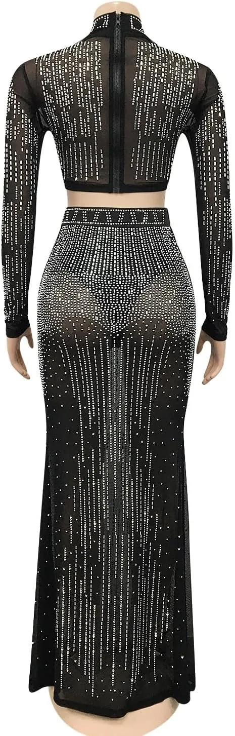 Women's Sexy Mesh See Through 2 Pieces Outfits Sparkling Rhinestone Long Sleeves Crop Tops And Bodycon Maxi Skirt Set