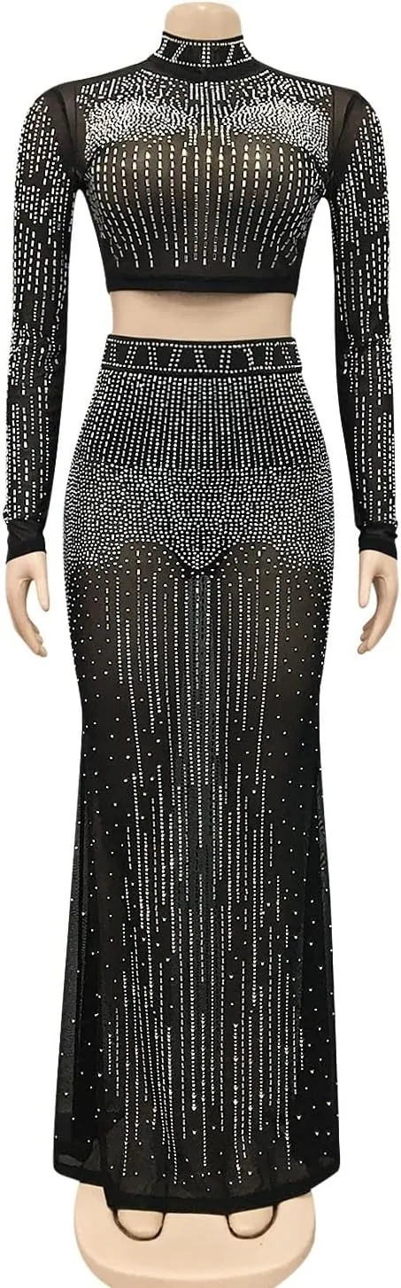 Women's Sexy Mesh See Through 2 Pieces Outfits Sparkling Rhinestone Long Sleeves Crop Tops And Bodycon Maxi Skirt Set