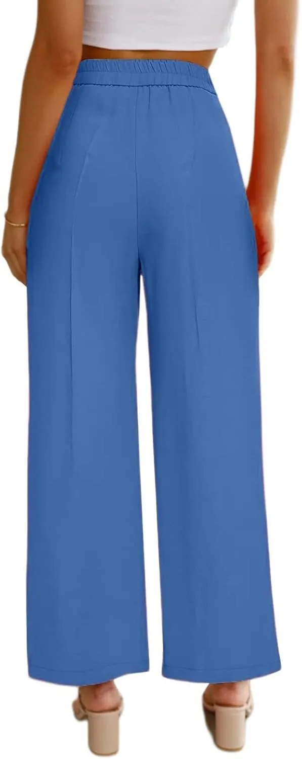 Women's Solid Casual Pocket Button High Waist Wide Leg Pants Casual Pants with Pockets