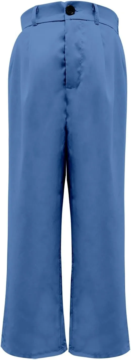 Women's Solid Casual Pocket Button High Waist Wide Leg Pants Casual Pants with Pockets