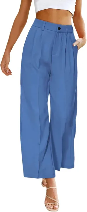 Women's Solid Casual Pocket Button High Waist Wide Leg Pants Casual Pants with Pockets