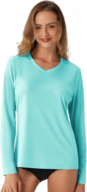 Women's Standard V-Neck UPF 50  Long Sleeve Swim Rash Guard Shirt