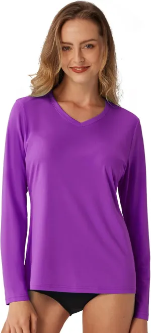 Women's Standard V-Neck UPF 50  Long Sleeve Swim Rash Guard Shirt