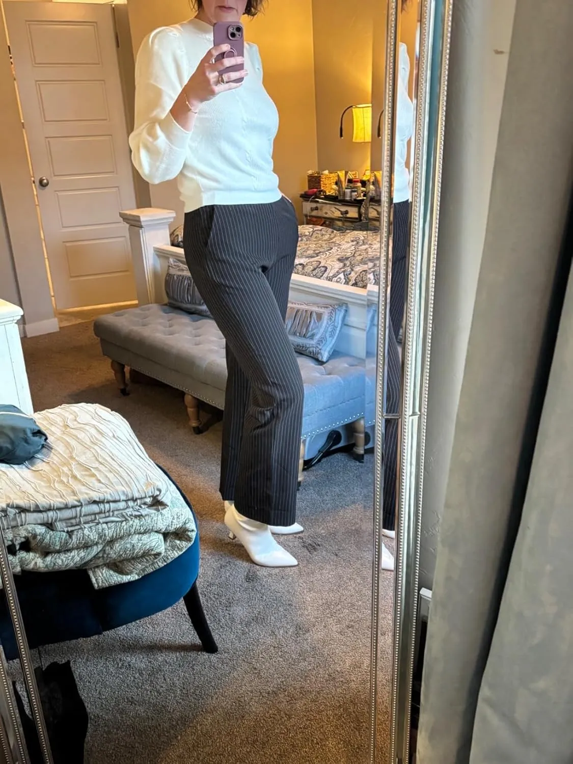 Women's Straight Leg Pinstripe Trousers High Waist Office Business Pants Casual Striped Dressy Pants with Pockets