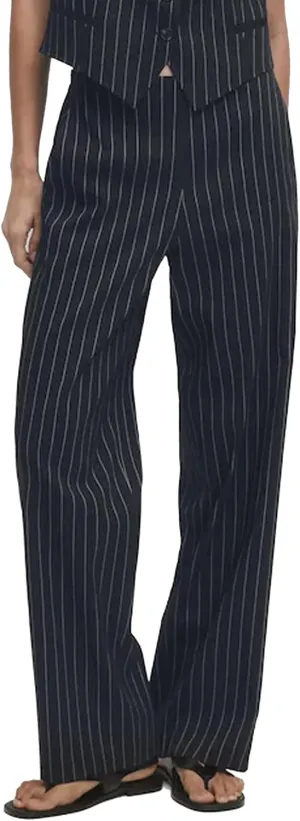Women's Straight Leg Pinstripe Trousers High Waist Office Business Pants Casual Striped Dressy Pants with Pockets