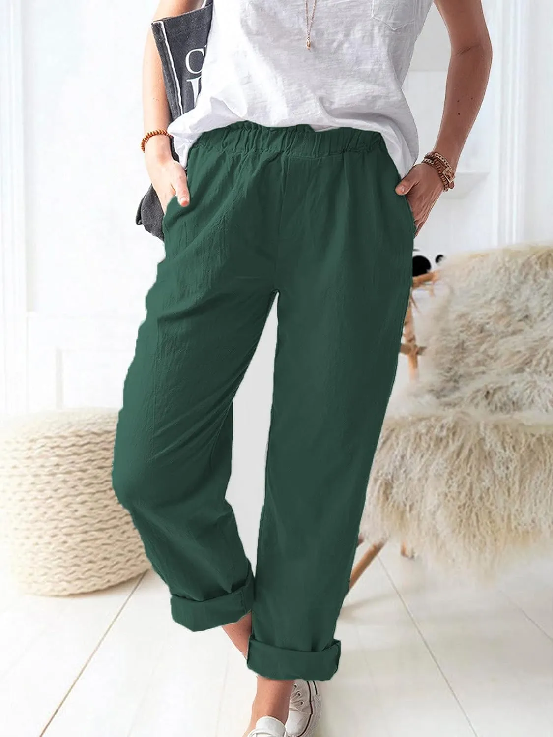 Women's Straight Pants Elastic Waist Casual Trousers Pants with Pockets
